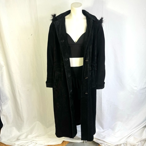 VERNISSAGE VINTAGE BLACK LEATHER TRENCH COAT WINTER COAT WITH FAUX FUR LARGE - Picture 11 of 17